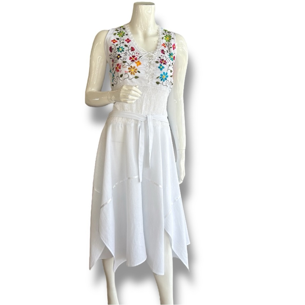White Asymmetrical Halter Top Embroidered Sundress. Women’s Size Medium.